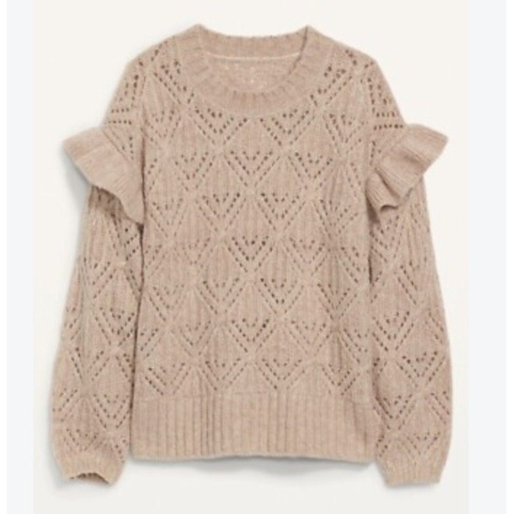 NWT Old Navy Women's 4X Ruffle-Trim Pointelle-Knit Sweater Oatmeal Cream